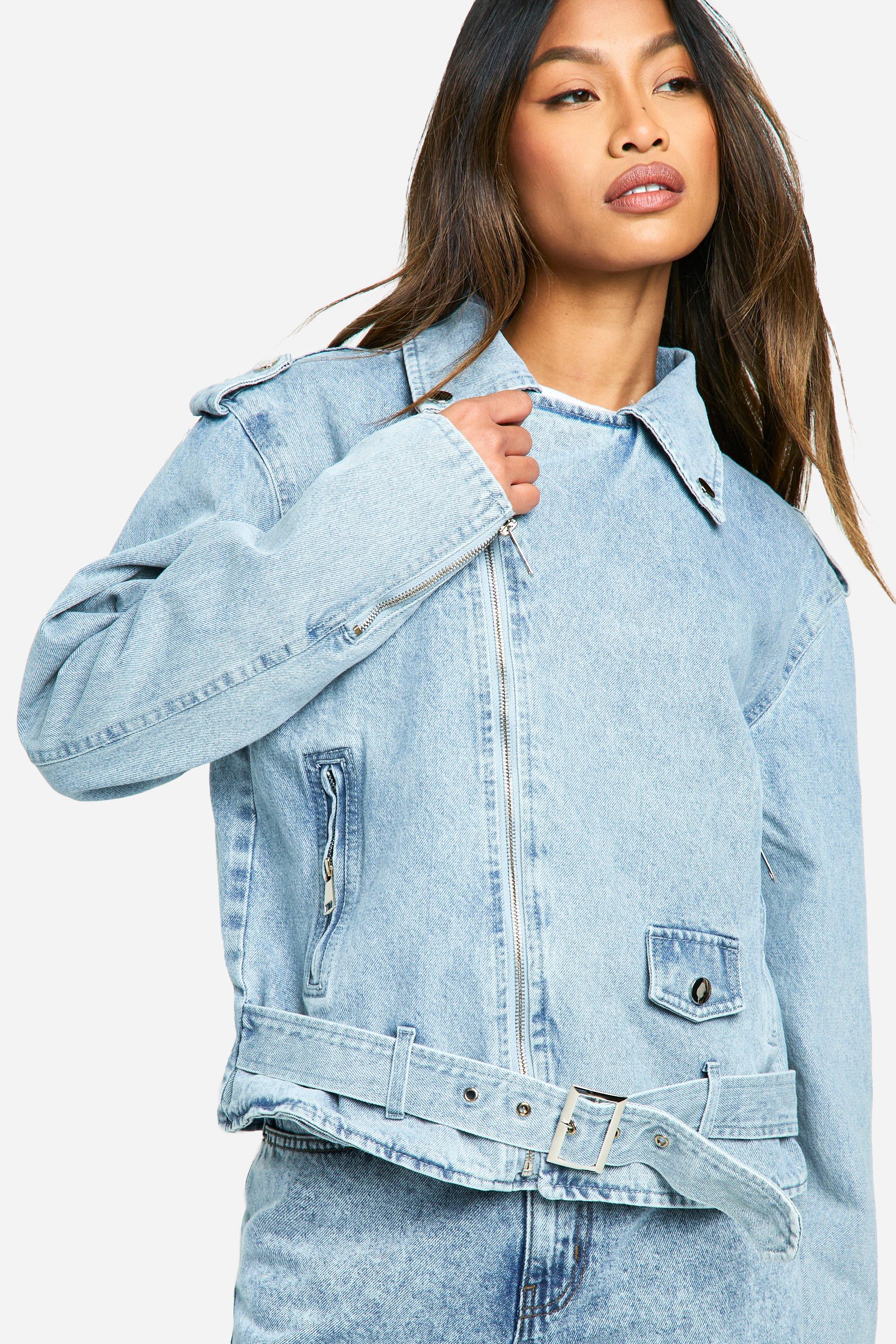 Belted Denim Biker Jacket boohoo